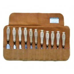 Trousse en cuir de 11 ciseaux à bois