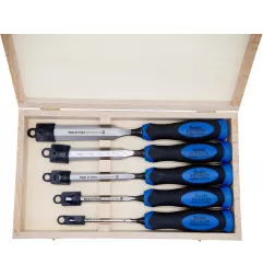Coffret en bois de 5 ciseaux à bois professionnels 6, 10, 15, 20 et 25 mm manches haute résistance