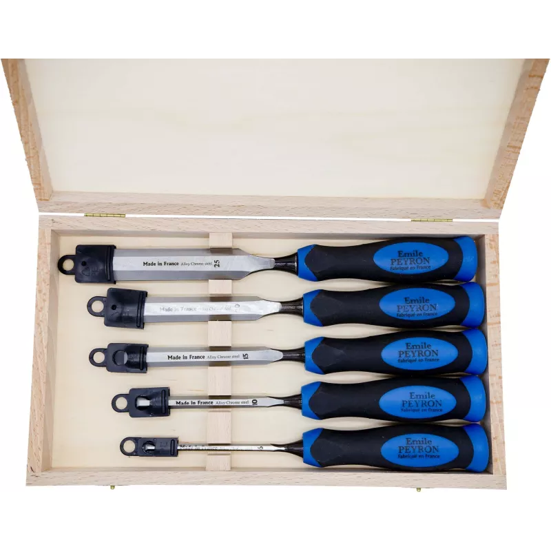 Coffret de 5 ciseaux à bois 6 à 25 mm – Manches antichoc haute résistance en coffret bois Coffret de 5 ciseaux à bois 6 à 25 mm – Manches antichoc haute résistance en coffret bois
