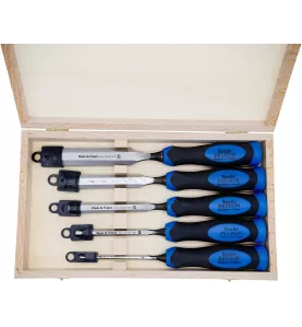 Coffret en bois de 5 ciseaux à bois professionnels 6, 10, 15, 20 et 25 mm manches haute résistance