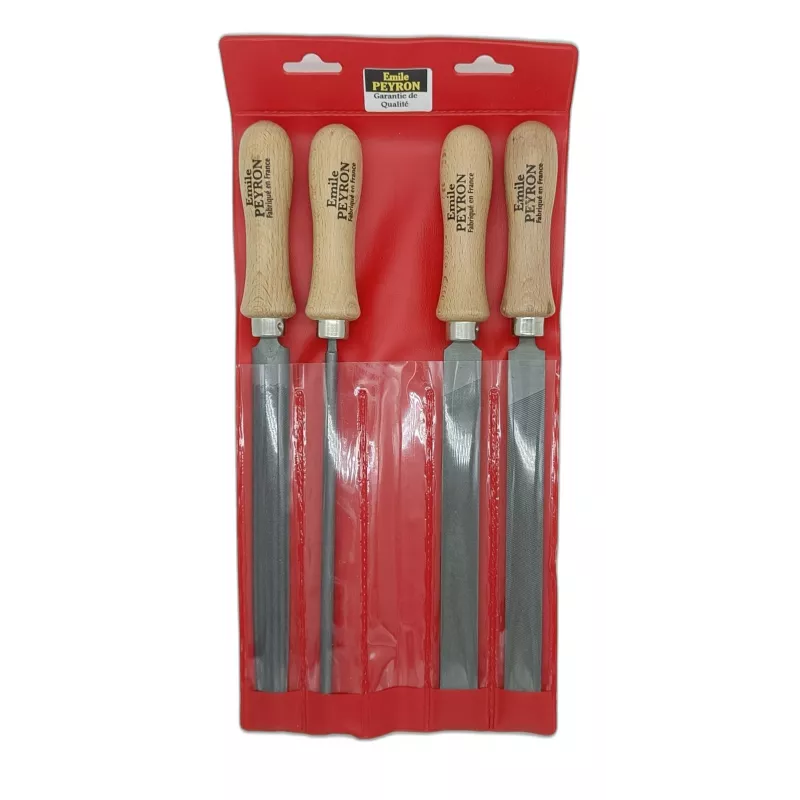 Jeu de 4 limes d'ajusteur pour métaux 200 mm emmanchées – Trousse de rangement Jeu de 4 limes d'ajusteur pour métaux 200 mm emmanchées – Trousse de rangement